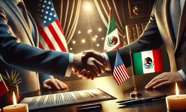 Acordo entre México e EUA Suspende Tarifas por um Mês 1 DALL·E 2025 02 05 10.15.09 A realistic and symbolic image representing an agreement between Mexico and the United States. The image features a handshake between two individuals