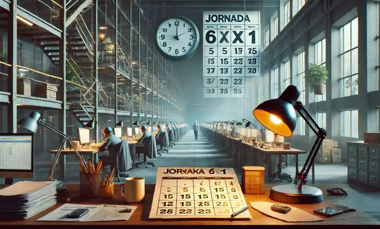 Governo Investiga Escala de Trabalho 6x1 Para Mapear Impactos no Mercado 1 DALL·E 2025 02 05 11.20.35 Uma imagem altamente realista representando a jornada de trabalho 6x1. A cena mostra um ambiente profissional como um escritorio ou uma linha de prod