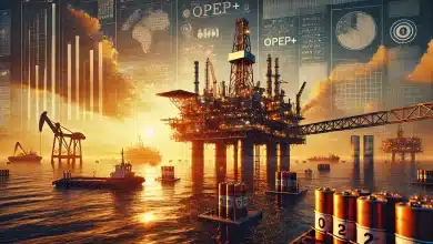 Brasil discute adesão à Opep+ em fevereiro 9 DALL·E 2025 02 06 09.30.10 Uma imagem altamente realista representando a producao de petroleo e a adesao do Brasil a OPEP. A cena apresenta uma plataforma de petroleo offshore