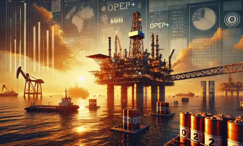 DALL·E 2025 02 06 09.30.10 Uma imagem altamente realista representando a producao de petroleo e a adesao do Brasil a OPEP. A cena apresenta uma plataforma de petroleo offshore