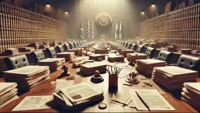 Fazenda busca aprovação de 16 propostas legislativas no Congresso 6 DALL·E 2025 02 06 15.24.10 Uma imagem altamente realista representando propostas legislativas. A cena mostra uma grande mesa de madeira coberta por pilhas de documentos pastas