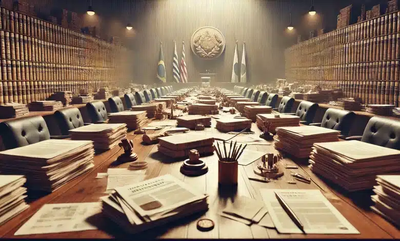 Fazenda busca aprovação de 16 propostas legislativas no Congresso 1 DALL·E 2025 02 06 15.24.10 Uma imagem altamente realista representando propostas legislativas. A cena mostra uma grande mesa de madeira coberta por pilhas de documentos pastas