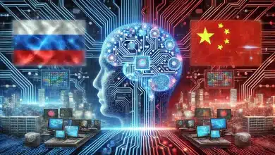 Aliança IA entre Rússia e China desafia o Ocidente 6 DALL·E 2025 02 06 17.06.45 Uma imagem altamente tecnologica representando a alianca de inteligencia artificial entre Russia e China sem bandeiras. A cena apresenta um fundo fut