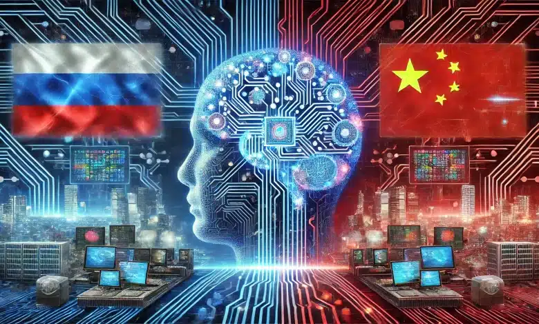 DALL·E 2025 02 06 17.06.45 Uma imagem altamente tecnologica representando a alianca de inteligencia artificial entre Russia e China sem bandeiras. A cena apresenta um fundo fut
