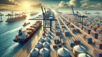 Brasil Alcança Recorde de Superávit Comercial com Países Árabes 6 DALL·E 2025 02 07 09.22.18 Uma imagem altamente realista representando o superavit comercial do Brasil destacando commodities de exportacao. A cena apresenta um porto movimenta