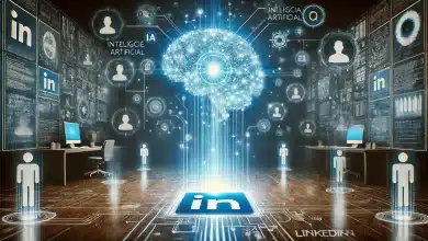 Ferramenta de IA do LinkedIn Promete Transformar Busca de Emprego 10 DALL·E 2025 02 07 09.28.39 Uma imagem altamente tecnologica e futurista representando a inteligencia artificial do LinkedIn. A cena apresenta um ambiente digital com um hologram