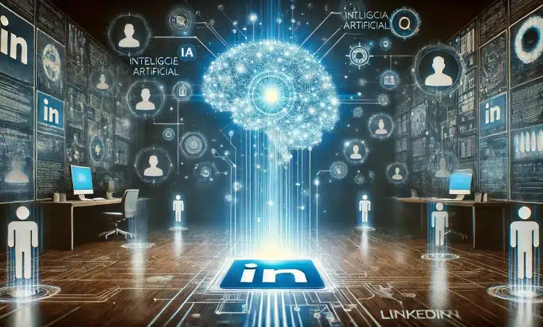 DALL·E 2025 02 07 09.28.39 Uma imagem altamente tecnologica e futurista representando a inteligencia artificial do LinkedIn. A cena apresenta um ambiente digital com um hologram