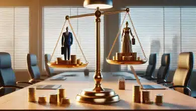 Empresas devem preencher 3º Relatório de Transparência Salarial 10 DALL·E 2025 02 07 16.08.58 Uma imagem altamente realista representando a igualdade salarial entre homens e mulheres. A cena mostra uma balanca perfeitamente equilibrada sobre um