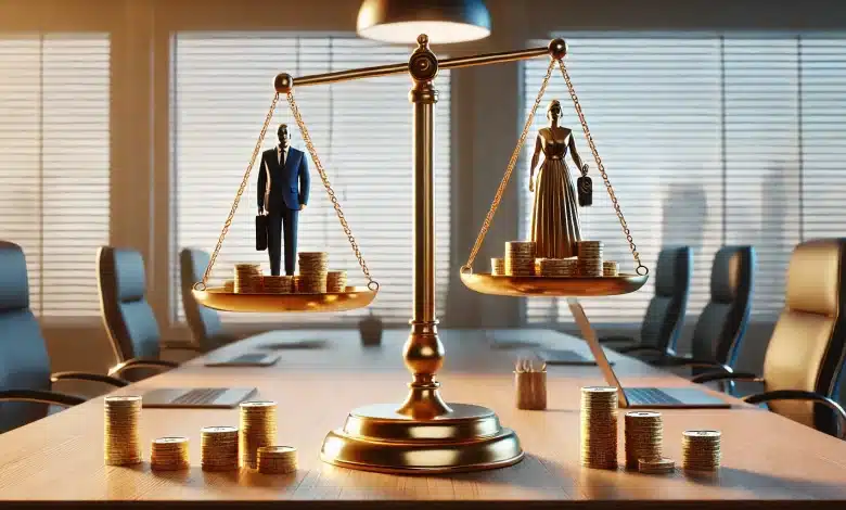 Empresas devem preencher 3º Relatório de Transparência Salarial 1 DALL·E 2025 02 07 16.08.58 Uma imagem altamente realista representando a igualdade salarial entre homens e mulheres. A cena mostra uma balanca perfeitamente equilibrada sobre um