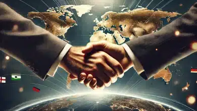 Brasil Expande Mercado de Carne Bovina para o Suriname 1 DALL·E 2025 02 07 17.59.10 Uma imagem altamente realista de um aperto de maos firme entre duas pessoas simbolizando parceria e acordos globais com um mapa mundi ao fundo. O ce