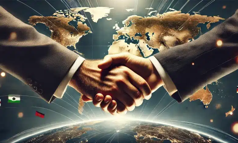 Brasil Expande Mercado de Carne Bovina para o Suriname 1 DALL·E 2025 02 07 17.59.10 Uma imagem altamente realista de um aperto de maos firme entre duas pessoas simbolizando parceria e acordos globais com um mapa mundi ao fundo. O ce