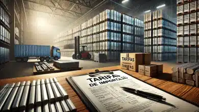 Trump Deve Anunciar Tarifas de Importação de 25% sobre Aço e Alumínio 9 DALL·E 2025 02 10 09.45.37 Uma imagem altamente realista representando tarifas de importacao sobre aco e aluminio. A cena apresenta um armazem industrial com pilhas de barras de