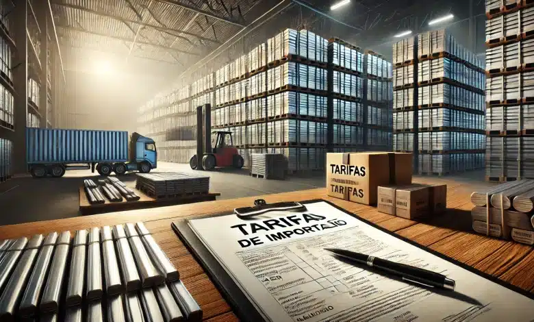 DALL·E 2025 02 10 09.45.37 Uma imagem altamente realista representando tarifas de importacao sobre aco e aluminio. A cena apresenta um armazem industrial com pilhas de barras de