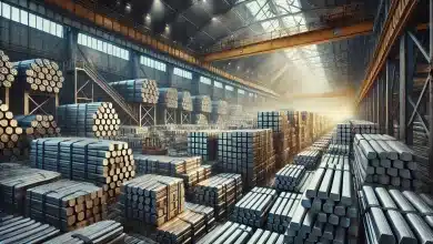 Governo Lula espera decisão concreta sobre taxação do aço 6 DALL·E 2025 02 10 16.59.43 Uma imagem extremamente realista representando a taxacao do aco. A cena mostra um grande deposito industrial com pilhas de barras de aco organizadas e