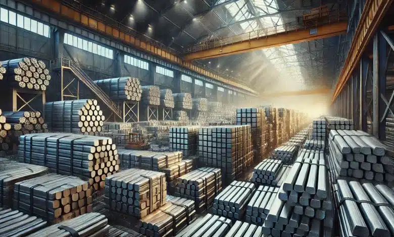 Governo Lula espera decisão concreta sobre taxação do aço 1 DALL·E 2025 02 10 16.59.43 Uma imagem extremamente realista representando a taxacao do aco. A cena mostra um grande deposito industrial com pilhas de barras de aco organizadas e