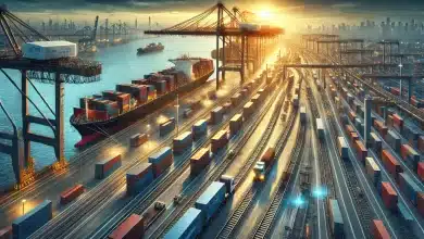 Panamá Sai da Nova Rota da Seda Após Pressão dos EUA 7 DALL·E 2025 02 10 17.09.25 Uma imagem extremamente realista representando a Nova Rota da Seda. A cena mostra um porto industrial movimentado com navios cargueiros sendo carreg