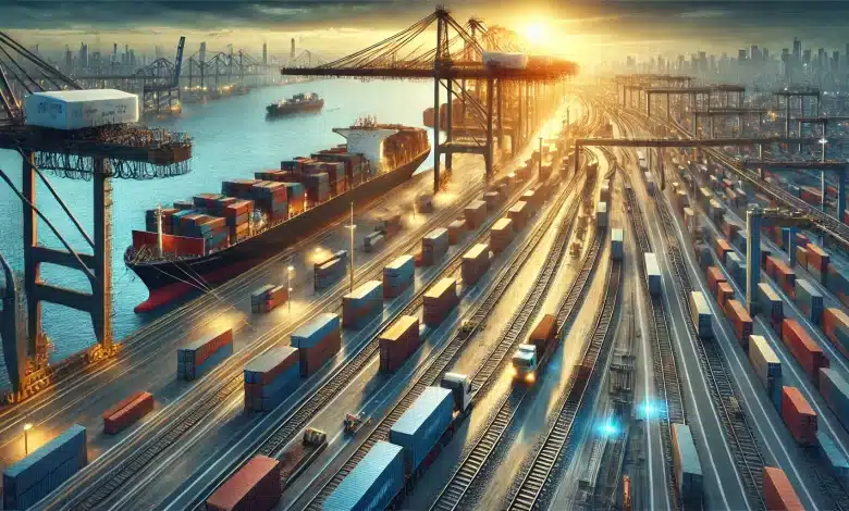 DALL·E 2025 02 10 17.09.25 Uma imagem extremamente realista representando a Nova Rota da Seda. A cena mostra um porto industrial movimentado com navios cargueiros sendo carreg