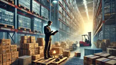 Por que Trump está aumentando tarifas e como isso afeta você? 1 DALL·E 2025 02 11 12.20.06 Uma imagem extremamente realista representando as tarifas no comercio global. A cena mostra um armazem industrial com pilhas de mercadorias prontas pa