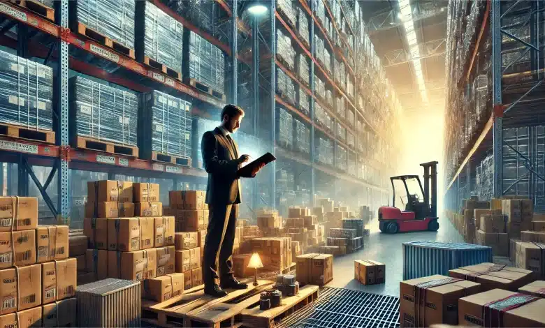 DALL·E 2025 02 11 12.20.06 Uma imagem extremamente realista representando as tarifas no comercio global. A cena mostra um armazem industrial com pilhas de mercadorias prontas pa