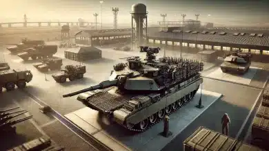 Indústria de Defesa Recebe Investimento Bilionário no Brasil 1 DALL·E 2025 02 12 11.36.53 Uma imagem altamente realista representando a industria de defesa sem bandeiras. A cena mostra um tanque de guerra moderno em primeiro plano com det 1