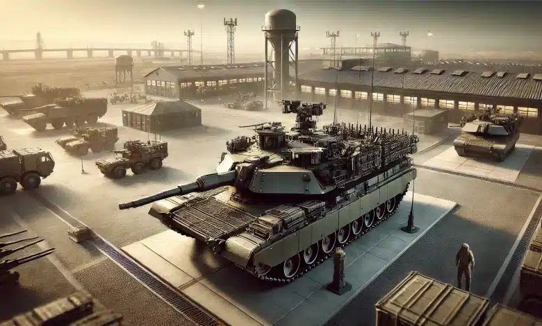 DALL·E 2025 02 12 11.36.53 Uma imagem altamente realista representando a industria de defesa sem bandeiras. A cena mostra um tanque de guerra moderno em primeiro plano com det 1