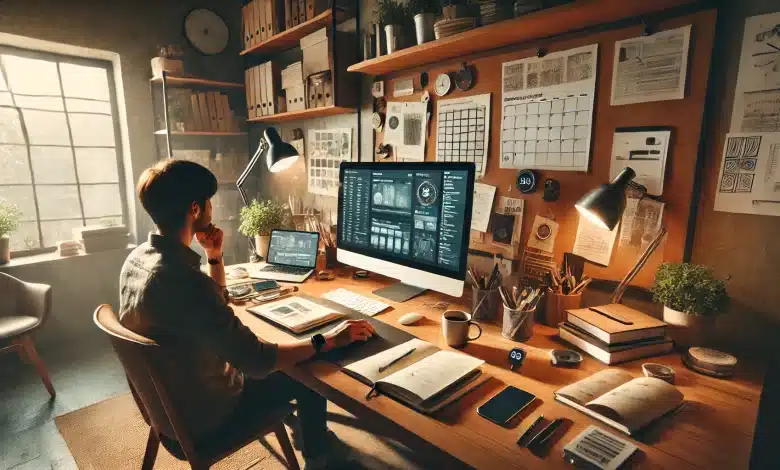 DALL·E 2025 02 17 12.08.31 A modern cozy workspace with a person working at a wooden desk illuminated by soft natural light from a nearby window. The desk is cluttered with of
