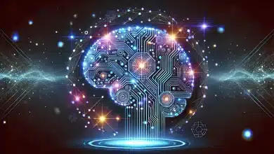 Musk lança IA Grok 3 com potência e raciocínio superiores 5 DALL·E 2025 02 18 09.52.51 A futuristic representation of artificial intelligence. At the center a glowing digital brain made of circuits and blue lights symbolizes the fusion