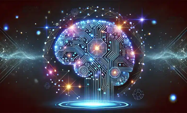 Musk lança IA Grok 3 com potência e raciocínio superiores 1 DALL·E 2025 02 18 09.52.51 A futuristic representation of artificial intelligence. At the center a glowing digital brain made of circuits and blue lights symbolizes the fusion