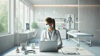 Einstein inicia aceleração de startups de saúde focadas no SUS 3 DALL·E 2025 02 18 11.09.28 A highly realistic and simple representation of a health startup. A healthcare professional dressed in a white coat is working on a laptop in a mode