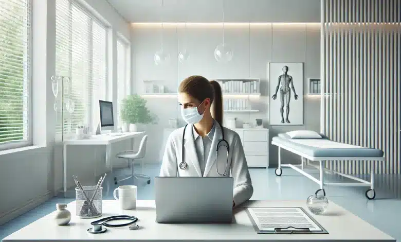 Einstein inicia aceleração de startups de saúde focadas no SUS 1 DALL·E 2025 02 18 11.09.28 A highly realistic and simple representation of a health startup. A healthcare professional dressed in a white coat is working on a laptop in a mode