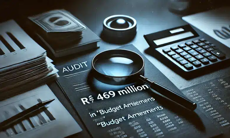 Dino exige auditoria de R$ 469 mi em emendas Pix 1 DALL·E 2025 02 18 18.00.59 A dark toned and minimalistic representation of a financial audit involving R 469 million in Pix budget amendments. A simple composition featuring