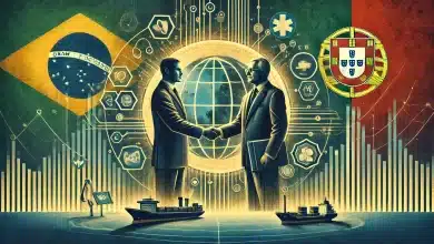 Brasil e Portugal firmam 19 acordos bilaterais para fortalecer cooperação 5 DALL·E 2025 02 20 15.57.37 A symbolic and diplomatic representation of the strengthened ties between Brazil and Portugal. The scene features two leaders shaking hands in a forma