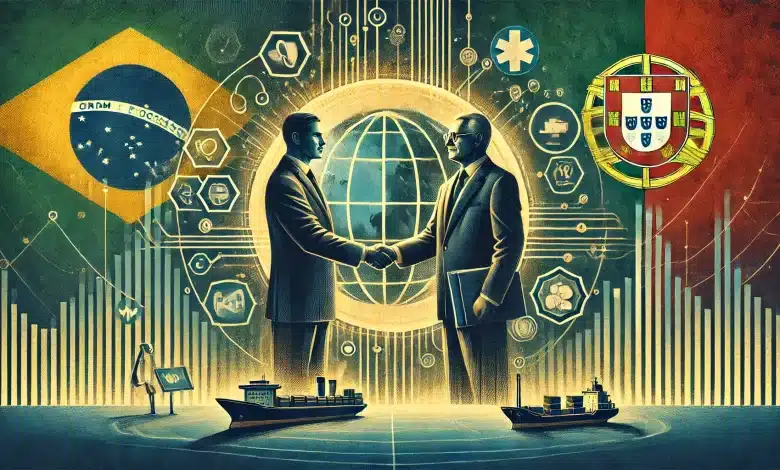 Brasil e Portugal firmam 19 acordos bilaterais para fortalecer cooperação 1 DALL·E 2025 02 20 15.57.37 A symbolic and diplomatic representation of the strengthened ties between Brazil and Portugal. The scene features two leaders shaking hands in a forma