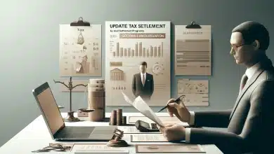 PGFN Atualiza Edital de Transação Tributária sobre Amortização de Ágio 5 DALL·E 2025 02 20 16.08.18 A professional and minimalistic representation of the updated tax settlement program by PGFN regarding goodwill amortization. The scene features a fin