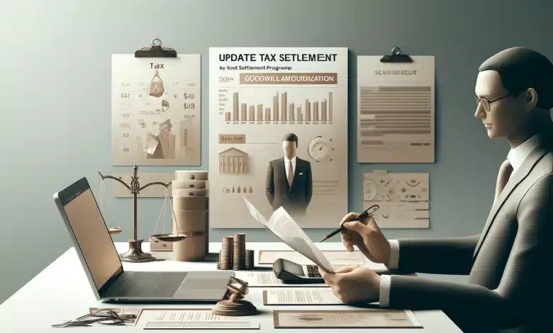 PGFN Atualiza Edital de Transação Tributária sobre Amortização de Ágio 1 DALL·E 2025 02 20 16.08.18 A professional and minimalistic representation of the updated tax settlement program by PGFN regarding goodwill amortization. The scene features a fin