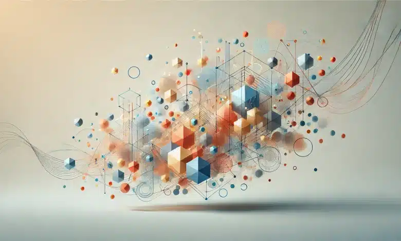 DALL·E 2025 02 21 15.24.07 A soft and balanced abstract background featuring a dynamic arrangement of colorful geometric shapes and interconnected lines. The composition include