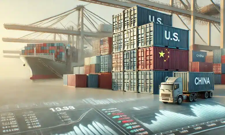 Trump Fala Sobre Possível Acordo Comercial com a China 1 DALL·E 2025 02 21 17.51.12 A highly realistic representation of the trade tensions between the U.S. and China. The scene features stacked cargo containers in muted colors symbo