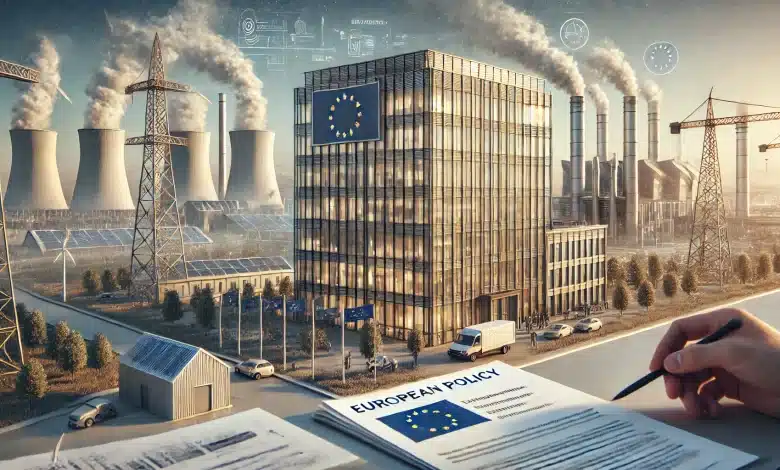 UE pretende reduzir regras de sustentabilidade para empresas 1 DALL·E 2025 02 24 10.53.54 A highly realistic representation of the European Unions plan to reduce sustainability regulations for businesses. The scene features a modern corpor