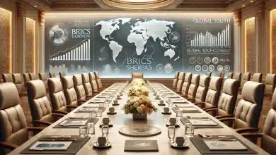 Sherpas do Brics alinham prioridades em Brasília 3 DALL·E 2025 02 25 17.12.22 A realistic and diplomatic depiction of the BRICS sherpas meeting held in Brasilia. The scene features an elegant formal conference table with neatl