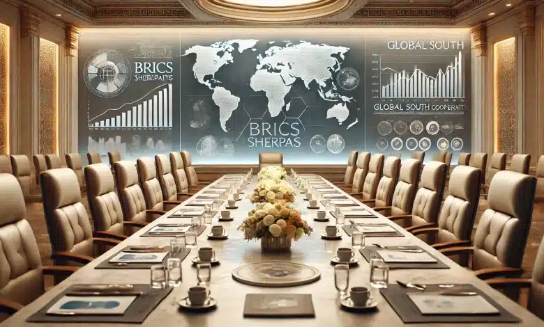 Sherpas do Brics alinham prioridades em Brasília 1 DALL·E 2025 02 25 17.12.22 A realistic and diplomatic depiction of the BRICS sherpas meeting held in Brasilia. The scene features an elegant formal conference table with neatl