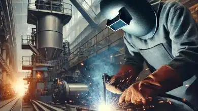 Manutenção e Reparo: A Importância do Serviço de Soldagem na Indústria 4 DALL·E 2025 02 28 10.58.08 An industrial setting where high quality welding is being performed on heavy duty equipment. The image features a worker wearing protective welding ge