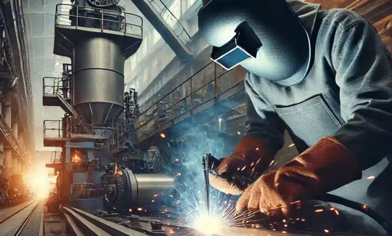 Manutenção e Reparo: A Importância do Serviço de Soldagem na Indústria 1 DALL·E 2025 02 28 10.58.08 An industrial setting where high quality welding is being performed on heavy duty equipment. The image features a worker wearing protective welding ge