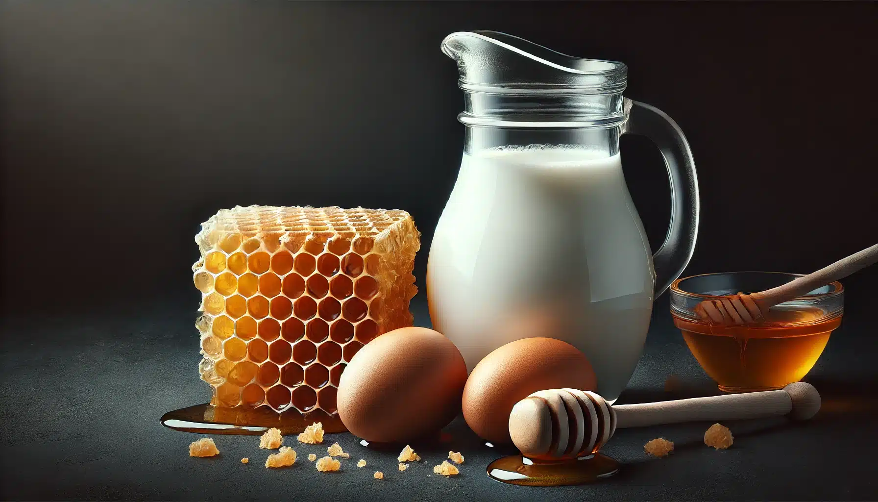 DALL·E 2025 03 17 13.59.17 A highly realistic photograph featuring milk honeycomb and eggs similar to the provided example but with a dark background. The scene should highli