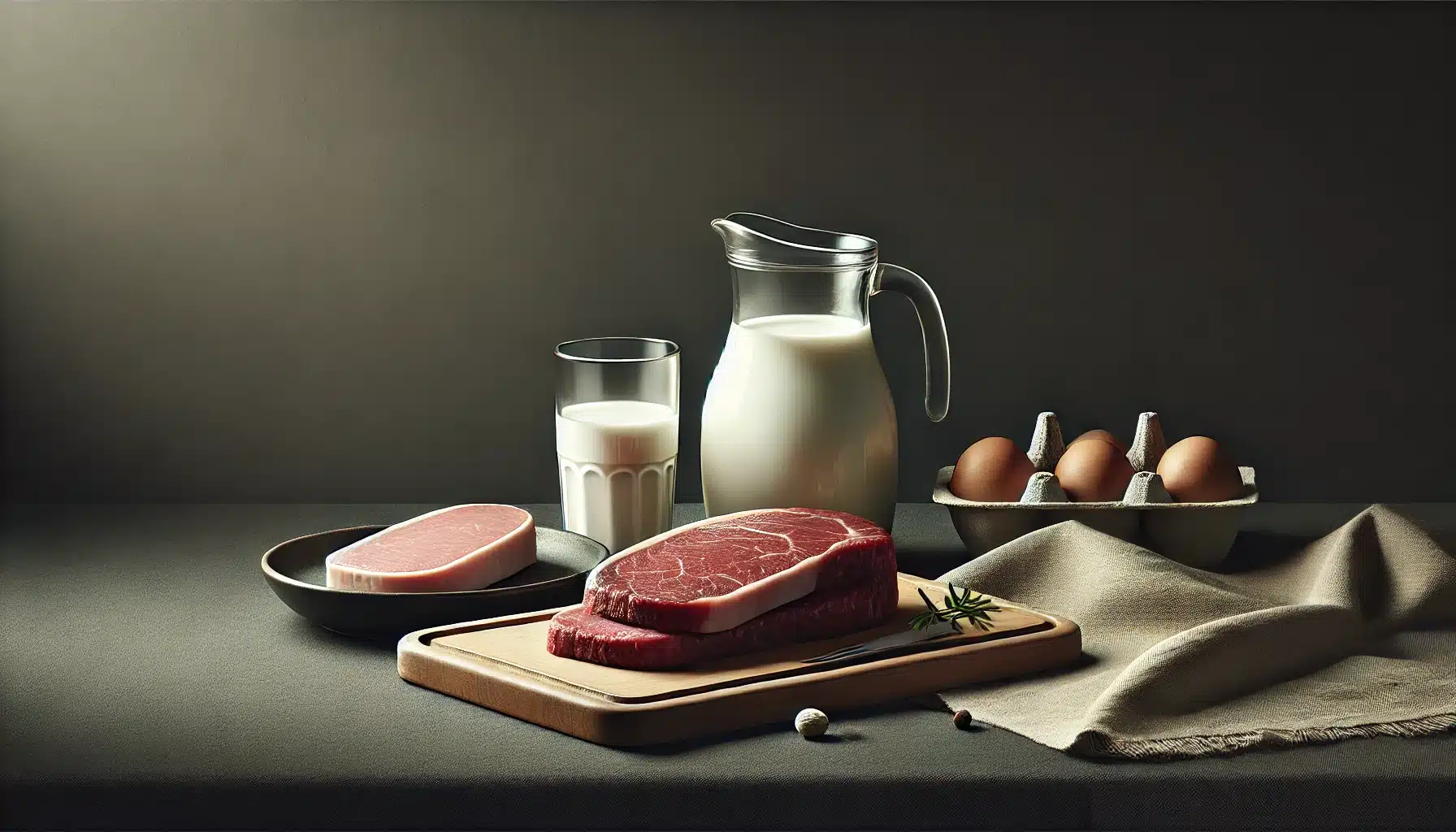 DALL·E 2025 03 20 11.54.24 A realistic photograph featuring a simple and clean arrangement of meats and dairy products on a dark background. The image includes a wooden cutting