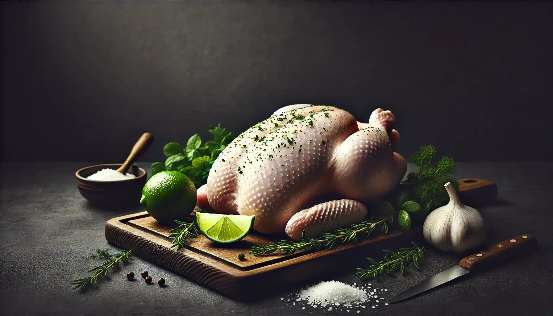 China Retoma Importação de Aves da Argentina Após Proibição 2 DALL·E 2025 03 20 14.59.06 A realistic photograph representing poultry meat on a dark background. The image features a fresh raw whole chicken placed on a wooden cutting board