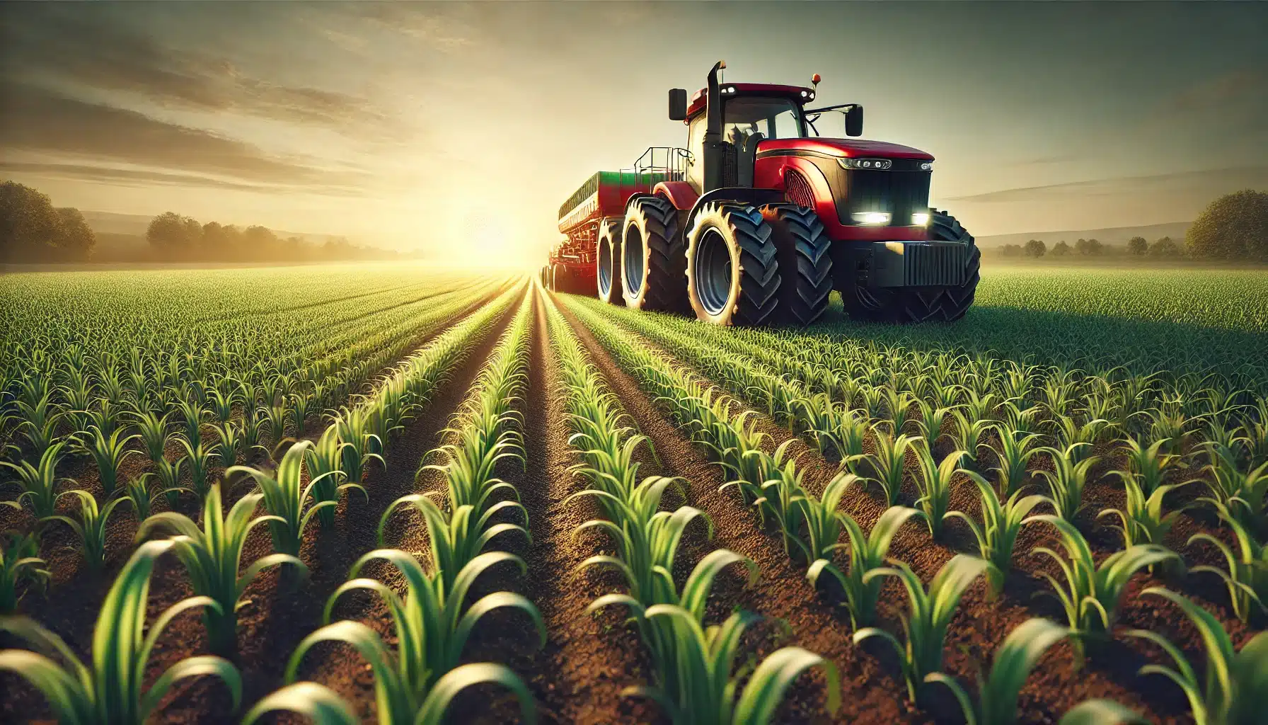 DALL·E 2025 03 20 17.53.14 A highly realistic photograph representing agribusiness. The image features a large modern red tractor working in a vast field of green crops illumi