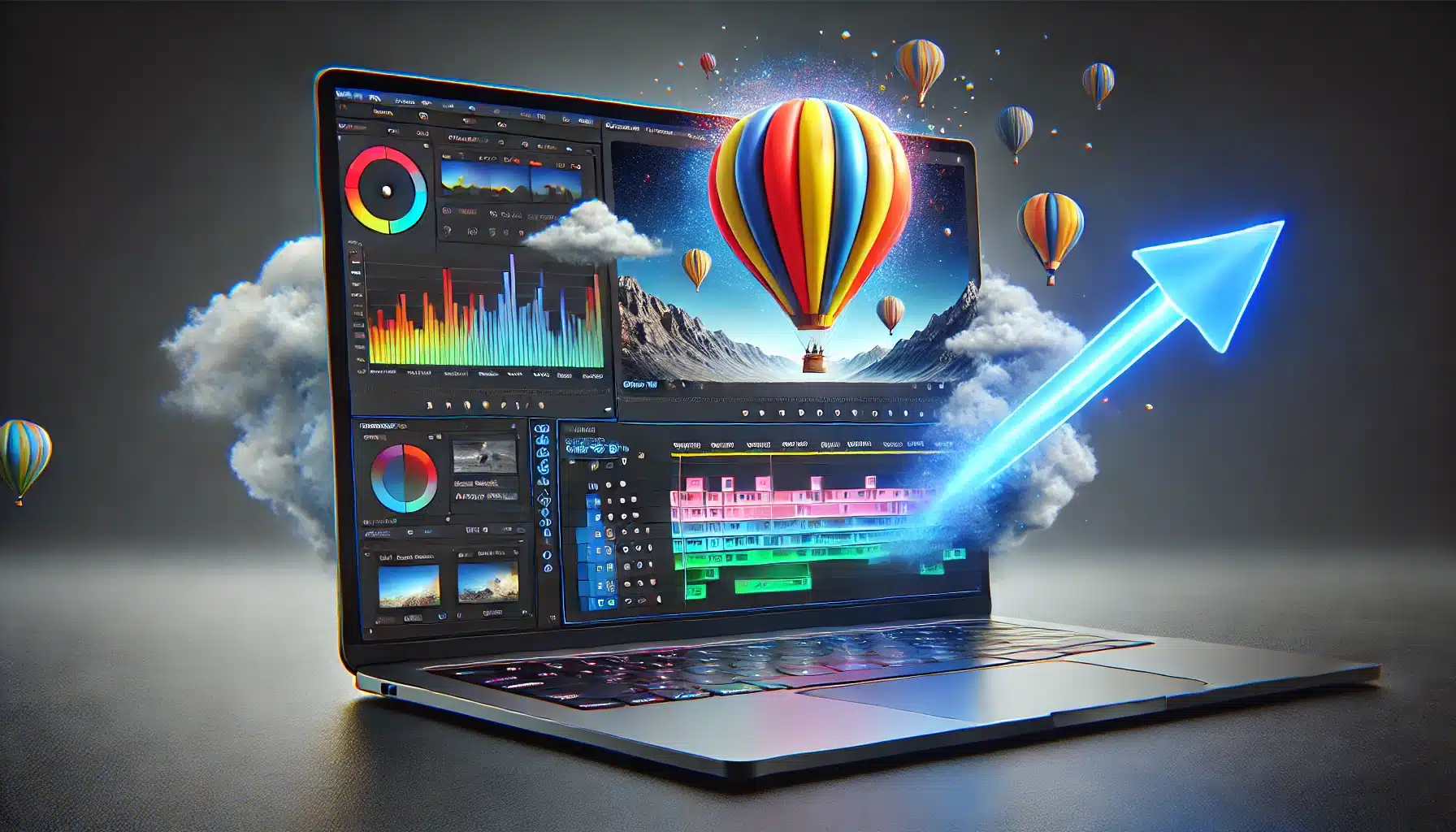 DALL·E 2025 03 24 14.30.03 A modern and creative digital illustration of a realistic laptop with video editing software on the screen. The software interface displays a scene of