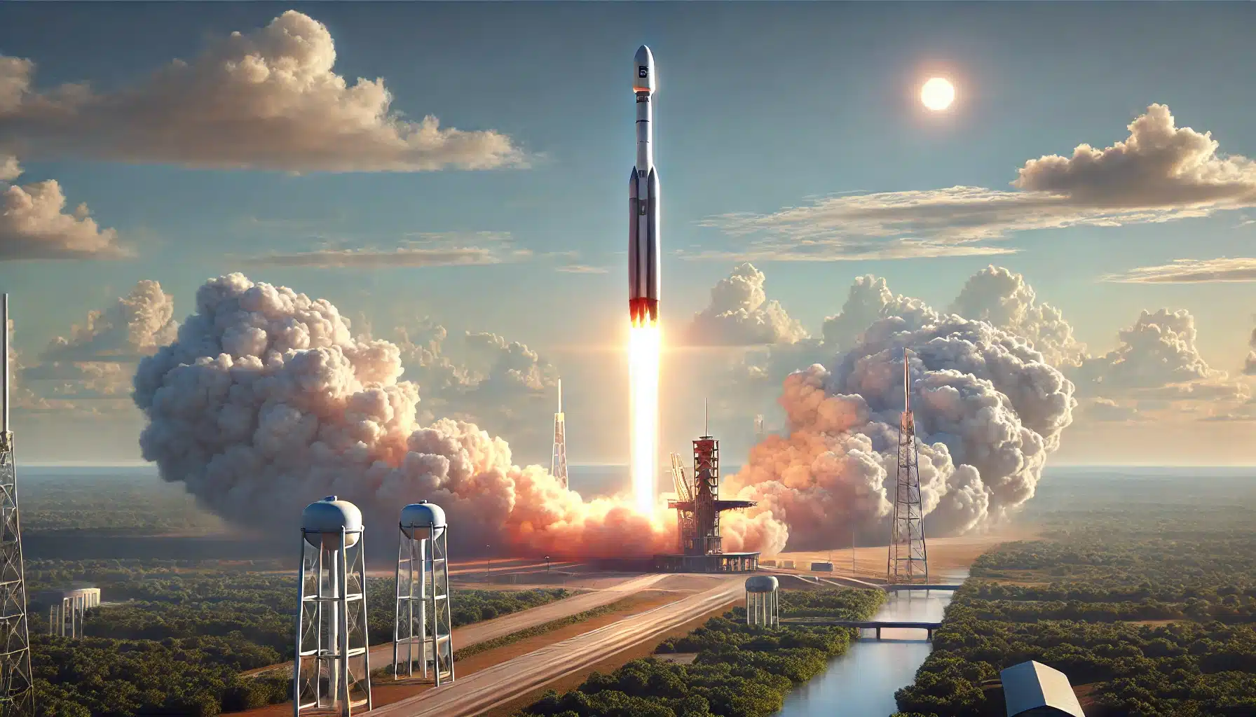 DALL·E 2025 03 25 14.58.50 A realistic digital illustration of a rocket launch. The scene shows a large modern rocket lifting off from a launch pad surrounded by clouds of smok