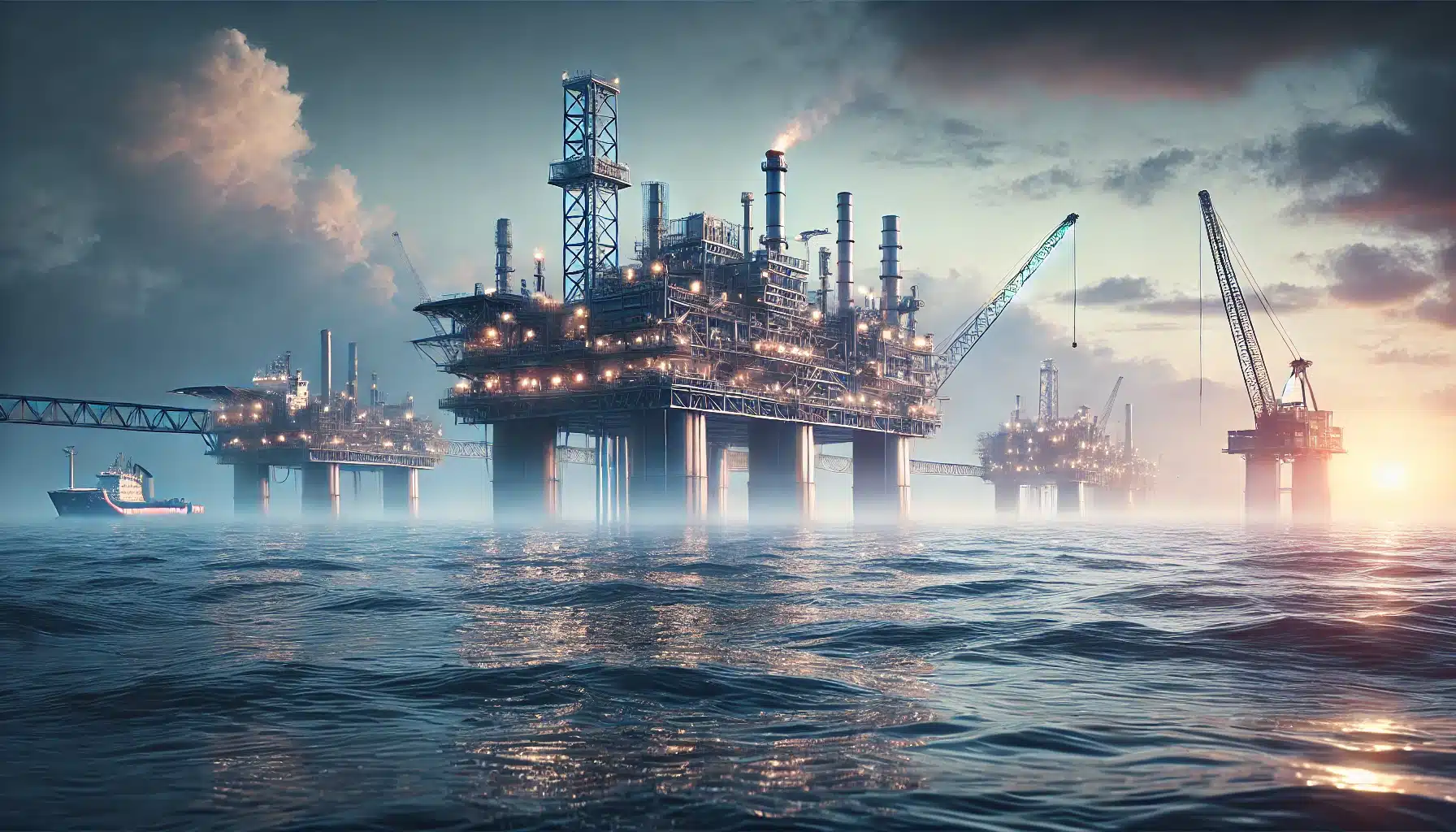 DALL·E 2025 03 25 15.10.44 A highly realistic photo style digital illustration of an offshore oil and gas platform in the ocean during early morning. The scene has a cool color