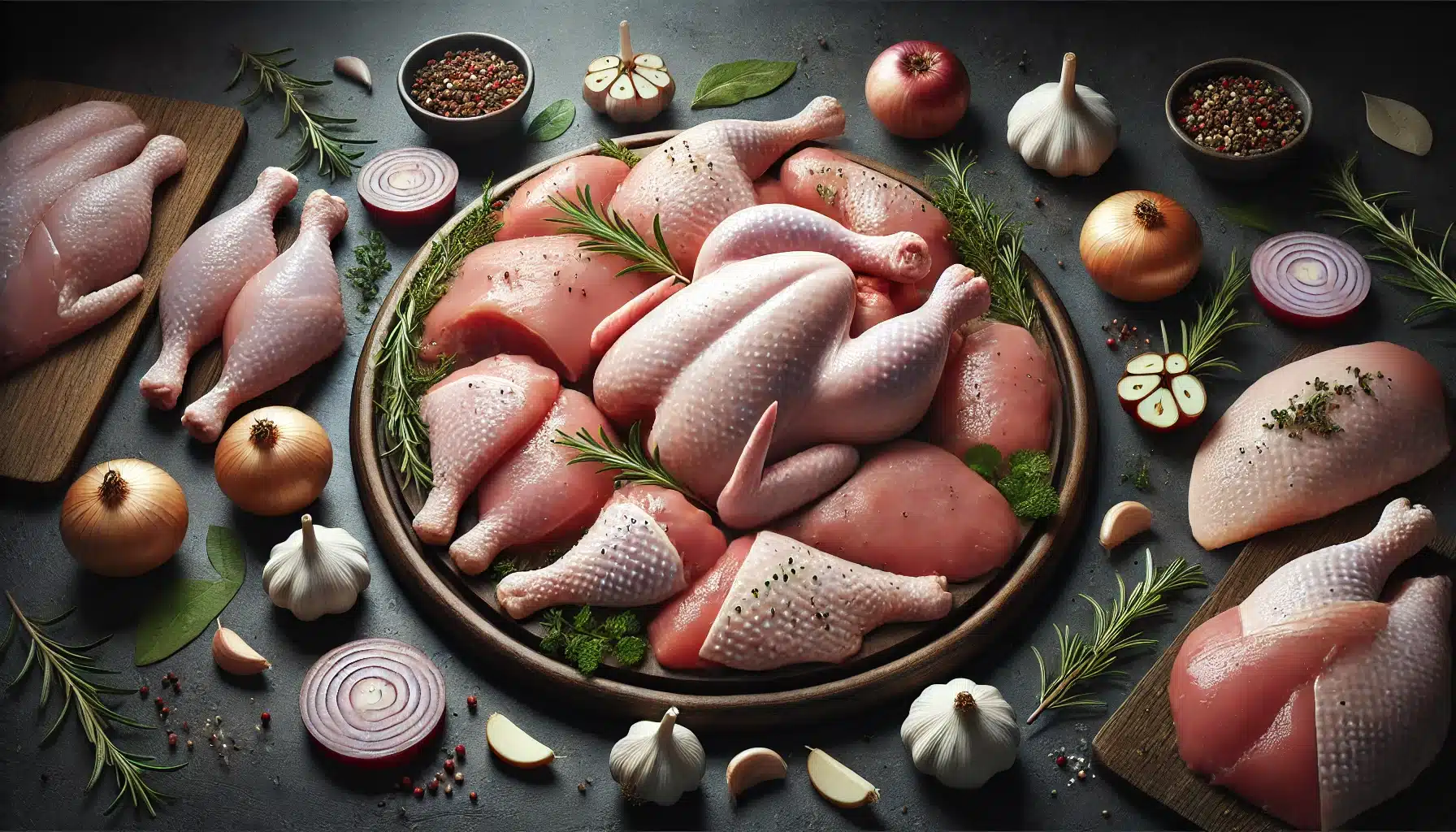 DALL·E 2025 03 25 16.52.25 A realistic digital image of raw chicken meat displayed on a dark surface or dark wooden board. The scene includes various cuts of chicken such as dru